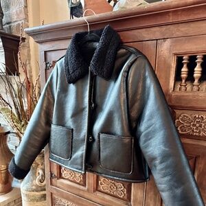 Zara Black Faux Leather Fur Women's Jacket Cropped with Two Front Pockets Sz S